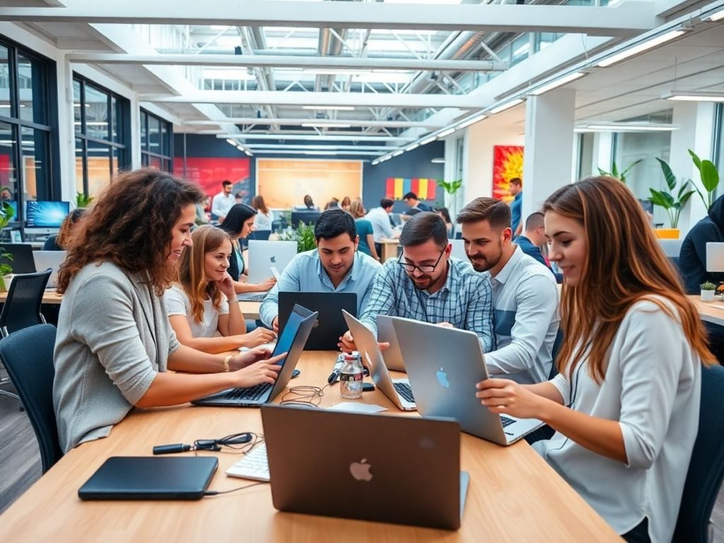 Birou IT modern cu profesioniști colaborând în România.