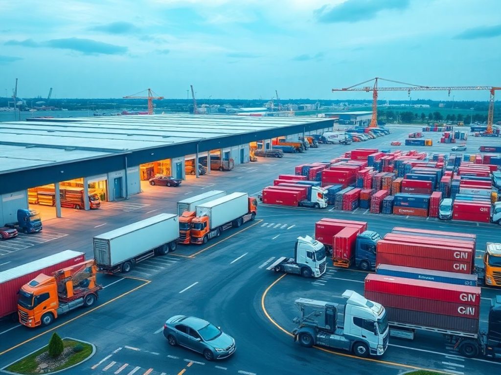 Hala logistică din România cu camioane și containere.